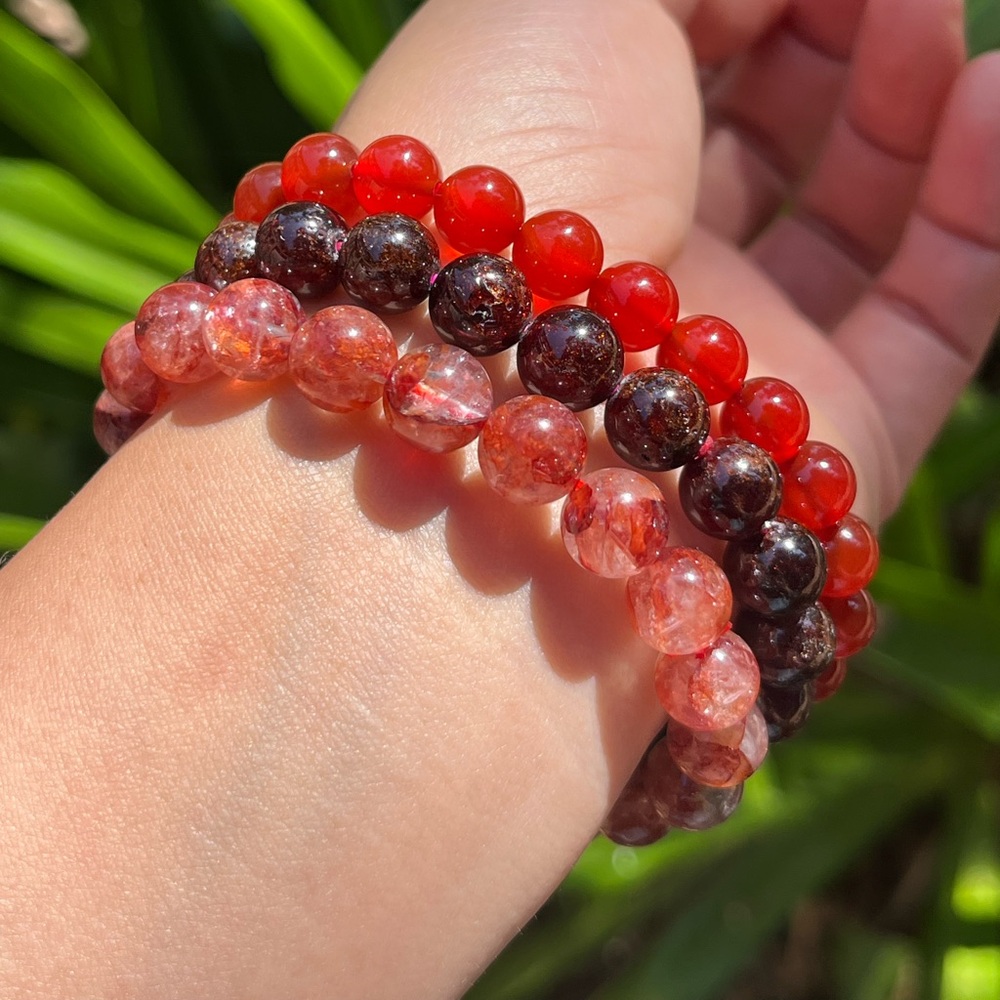 9mm stretchable fire quartz, carnelian, garnet bracelet set